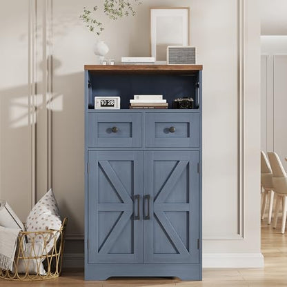 FiveWillowise Farmhouse Blue Storage Cabinet with Barn Doors and Drawers, Small Freestanding Kitchen Pantry Cabinet, Hutch Cupboard for Kitchen, Laundry, Living Room,Bathroom - color: Navy Blue