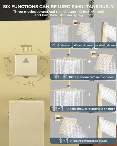 Rain Shower Faucet Set, 10" Top + 6" Side Head, Brushed Gold | 3-head set w/ valve, SUS304 anti-freeze, 6 spray modes, self-clean nozzles - color: Brush Gold, style: 10''-Ceiling Mount+6" Shower Head