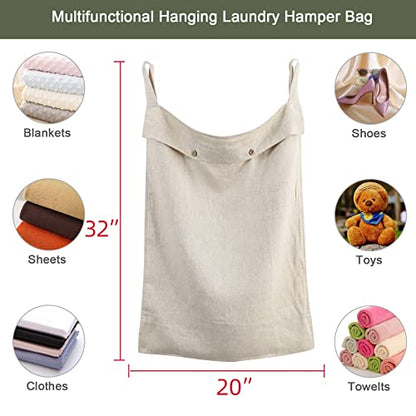 Linen Hanging Laundry Bag, 100% Linen Over The Door Laundry Hamper with Buttons and Zipper, Space Saving Door Hampers for Laundry Dirty Clothes Home Travel, Linen - color: Linen