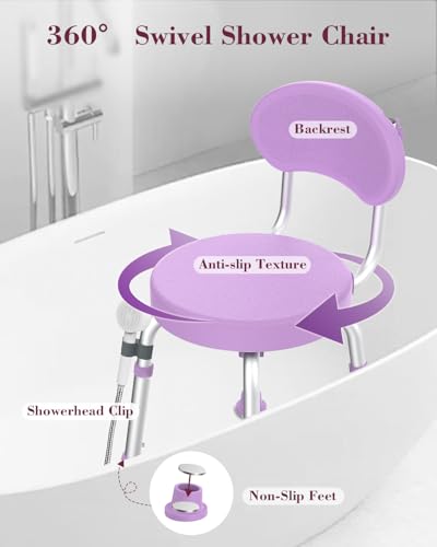 Swivel Shower Chair, 360° Non-Slip Shower Seat with Backrest for Elderly and Disabled, Height Adjustable Rotating Tub Bench for Seniors Bathroom Inside Shower with Compact Frame (Purple) - color: Purple