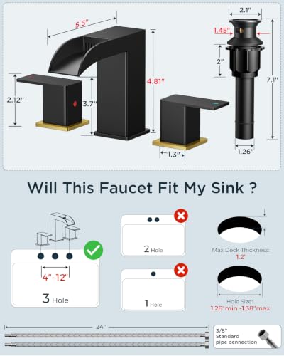 QFN Waterfall Bathroom Faucet 3 Hole 8 inch Widespread Matte Black 2 Handle | Bathroom Sink Faucet Lead-Free with Pop-up Drain and Supply Lines, Fits 4-12 Inch 3 Hole Install, for Vanity Laundry Restroom - color: Matte Black, style: Waterfall