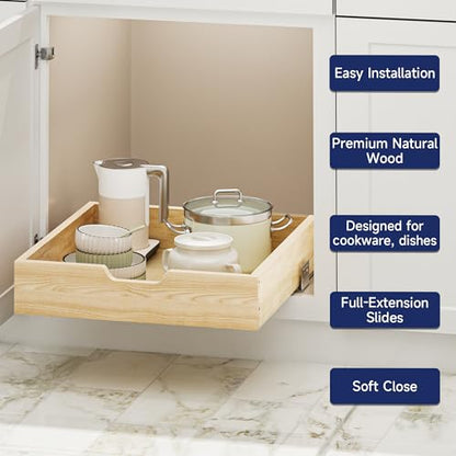 Pull Out Cabinet Organizer, 19.5 in W x 21 in D Solid Wood Slide Out Drawer, Soft Close Sliding Shelf, Bottom or Side Mount for Kitchen Pantry Bathroom, Fits 20.5 in Cabinet Opening - size: 19½” W × 4"H x 21” D