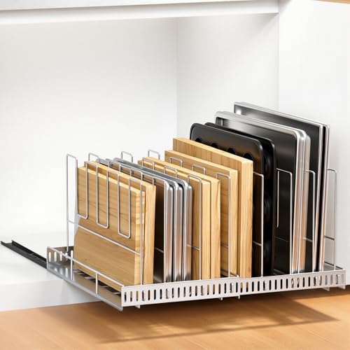 Housolution Pull Out Baking Tray and Cookie Sheet Cutting Board Organizer | 13"-22" Expandable, 21.5" Deep, 8 Adjustable Dividers, Slide Rail Design, Stainless Steel Structure, Adhesive/Screw Fixing - color: Silver, 8 Dividers, size: Large