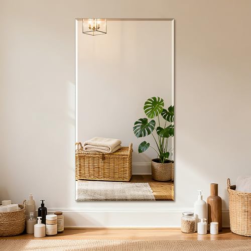 Ruomeng Frameless Mirror for Wall, 55x30 Inch Bathroom Vanity Mirror Farmhouse, Large Rectangle Mirror with Beveled Edge, Tempered Glass, Hangs Horizontally or Vertically - size: 55"L x 30"W