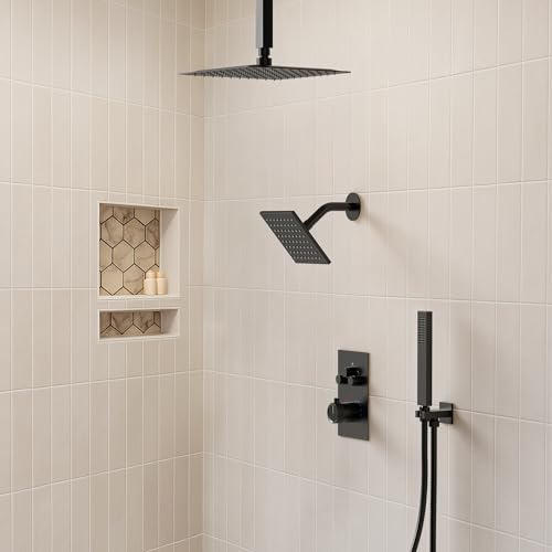 Ceiling Mount 12" High-Pressure Rainfall Shower Faucet, Dual Rainfall Shower Head System with Valve (Matte Black) - color: Black, style: Ceiling Mount