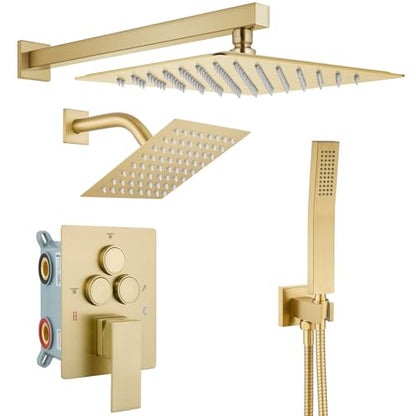 gotonovo Shower Faucet Set Push Button 10+6 Inch Dual Head Brushed Gold | Rain Dual Shower Head System with Handheld Spray for Couple,Push Button Diverter,High Pressure Valve Trim Kit,All Metal - color: Gold, size: 10+6 Inch Dual Head