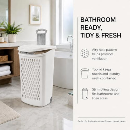 135L White Wheeled Plastic Laundry Hamper - Rolling Laundry Basket with Lid | Pull handle & easy-roll wheels make this rolling laundry hamper with lid easy to move in dorms, apartments & bedrooms. - size: 3.8Bushel