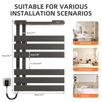Smart Heated Towel Rack with Shelf,Electric WiFi Towel Warmer Rack App & Voice Control,Towel Drying Rack Wall Mounted,Towel Warming Rack with Led Timer,115-155℉,Flat Widen 6 Bar,Gray - color: Gray