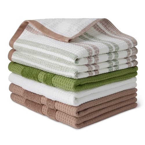 Amazon Basics Organic Cotton Waffle Kitchen Dish Towels - Ultra Absorbent, Quick Drying, Lint-Free, 15 x 25 inches, 6-Pack (2pc Olive Light/Brown Strip, 2pc Brown, 1pc Olive, 1pc White) - color: 2pc Olive Light/Brown Strip, 2pc Brown, 1pc Olive, 1pc White