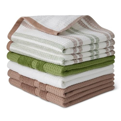 Amazon Basics Organic Cotton Waffle Kitchen Dish Towels - Ultra Absorbent, Quick Drying, Lint-Free, 15 x 25 inches, 6-Pack (2pc Olive Light/Brown Strip, 2pc Brown, 1pc Olive, 1pc White) - color: 2pc Olive Light/Brown Strip, 2pc Brown, 1pc Olive, 1pc White
