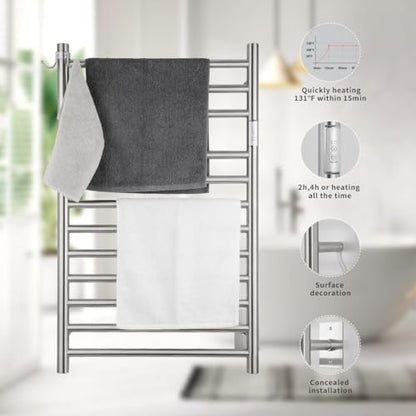 12-Bar Brushed Wall-Mounted Towel Warmer, Plug/Hardwired, 3 Timers | 12 Bars, can be surface-mounted or flush-mounted, with wiring/cable exit available on either the right or left side - color: Brushed