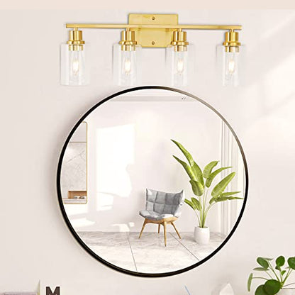 4-Lights Gold Bathroom Light Fixture, Brushed Brass Vanity Light with Clear Glass Shade, Modern Bath Wall Lights for Living Room, Hallway, Bedroom - color: Gold 4-Light