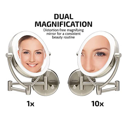 Ovente 7.5" Lighted Wall Mount Makeup Mirror, 1X & 10X Magnifier, Spinning Double Sided Round LED w/ Dimmer Switch, Extend, Retractable & Folding Arm, Battery USB Powered Nickel Brushed MLW75BR1X10X - color: Nickel Brushed, size: 10.3"L x 12.4"W, style: 1