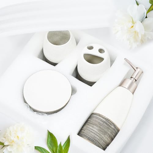 CERBIOR Bathroom Accessories Set,4 PCS Ceramic Bath Accessory,Grey White | Includes Toothbrush Holder, Toothbrush Cup, Soap Dish for Decorative Countertop and Housewarming Gift - style: White-Grey