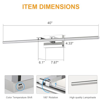 LED Bathroom Vanity Light, Modern Bathroom Light Fixture Over Mirror (3000K/4000K/6000K, Dimmable), Vanity Light Bar with Angle Adjustable, 40 Inch, Chrome - color: Chrome, size: 40 inch