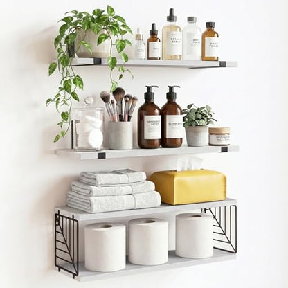 Fixwal 3+1 Tier Bathroom Floating Shelves Over Toilet, White | White Wood Shelf Set with Toilet Paper Storage Basket, Natural Finish, 40Lb Weight Limit, Quick Mount, Versatile - color: White