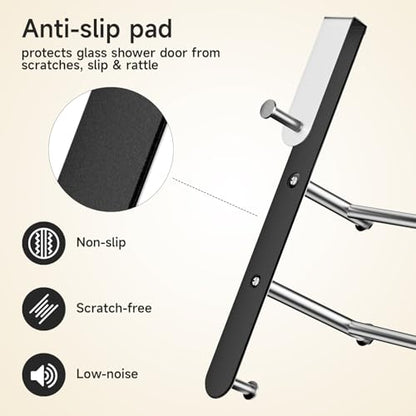 Frameless Glass Door Shower Towel Rack, Double Bar, 8 Hooks, Silver Steel | Drill-free Bathroom Towel Rack with Silent Scratch-free Pads, Ample Storage, Heavy Duty, Waterproof, Rustproof & Easy Setup