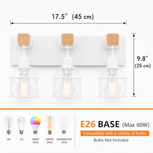 Farmhouse Vanity Light Fixture,3-Light Bathroom Lighting,White Modern Wood Wall Light Over Mirror with Metal Shade,Bulbs NOT Included - color: White, size: 3-Light-Wide 18"