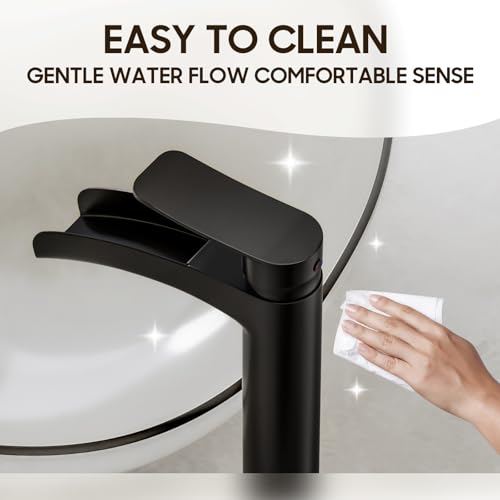Phiestina Matte Black Tall Bathroom Vessel Sink Faucet, Waterfall Single Hole Single Handle Above Countertop Sink Bathroom Faucet, with Metal Pop Up Drain and Water Supply Lines, NS-SF01-MB-V - color: Matte Black, style: 1 pack