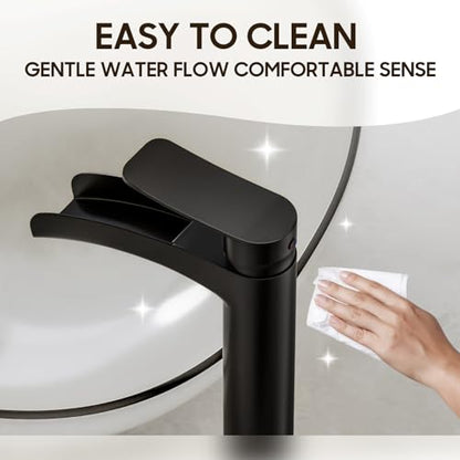 Phiestina Matte Black Tall Bathroom Vessel Sink Faucet, Waterfall Single Hole Single Handle Above Countertop Sink Bathroom Faucet, with Metal Pop Up Drain and Water Supply Lines, NS-SF01-MB-V - color: Matte Black, style: 1 pack
