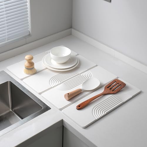 Foldable Stone Dish Drying Mat for Kitchen Counter, Diatomaceous Earth Drying Mat with Non-Slip Backing, Heat Resistant Multifunctional Mat for Kitchen & Bathroom, Instant water absorption-(24"×16") - color: White