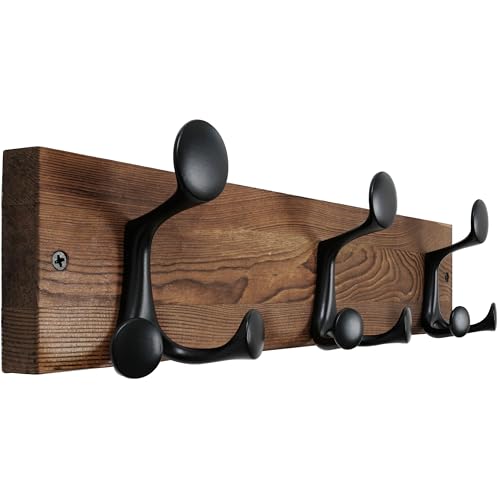 WEBI Coat Rack Wall Mount,17" Solid Wood Coat Hooks Wall Mounted Coat Hanger,16" Hole to Hole,Heavy Duty Hook Rack,3 Triple Hooks for Hanging Coats,Jacket,Hat,Backpack,Farmhouse,Brown - color: Brown, size: 17 Inch
