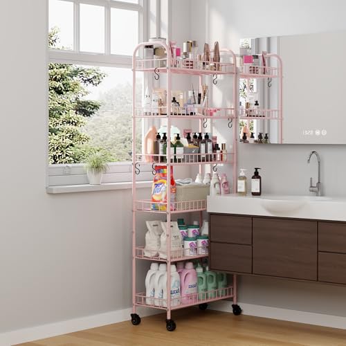 6 Tier Slim Rolling Storage Cart with Wheels, Metal Mobile Shelving Unit Organizer Utility Cart for Office Bathroom Kitchen Laundry Room Narrow Places (Pink 10 Inches) - size: Pink 10 Inches