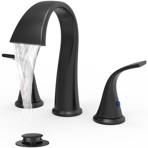 Bathroom Faucets 3 Hole Bathroom Sink Faucet with Pop Up Drain and Water Supply Hoses 8 Inch Waterfall Bathroom Faucet Two Handles for Vanity,Lavatory,Restroom,Commercial,Black - color: Black