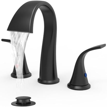Bathroom Faucets 3 Hole Bathroom Sink Faucet with Pop Up Drain and Water Supply Hoses 8 Inch Waterfall Bathroom Faucet Two Handles for Vanity,Lavatory,Restroom,Commercial,Black - color: Black