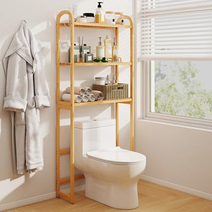 Tangkula 3-Tier Over the Toilet Storage Rack, Bamboo Bathroom Stand Organizer with 5-Position Shelves, 3 Hooks, Adjustable Bottom Bar, Freestanding Space Saver Toilet Shelf for Laundry Room (Natural)