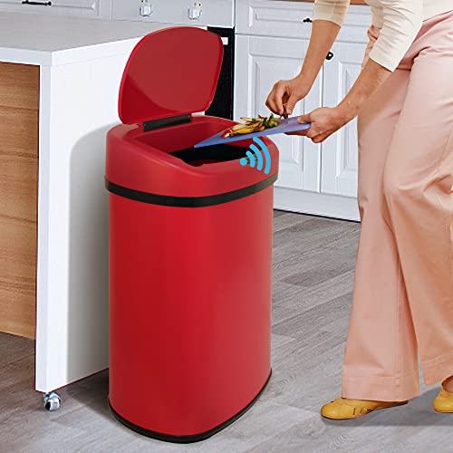 Kitchen Trash Can, 13 Gallon Automatic Can with Lid and Motion Sensor for Home Office Bedroom Bathroom Living Room, Garbage Touchless Stainless Steel RED - color: RED