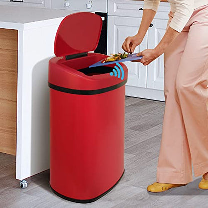 Kitchen Trash Can, 13 Gallon Automatic Can with Lid and Motion Sensor for Home Office Bedroom Bathroom Living Room, Garbage Touchless Stainless Steel RED - color: RED