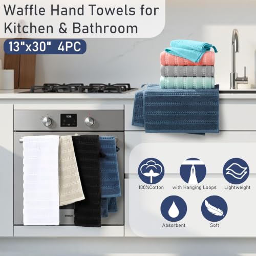 VOOVA & MOVAS Bathroom Hand Towels 4PC,13"x30", 100% Cotton,Beige | Waffle Weave Fabric, Soft Lightweight & Absorbing, Quick Dry & Non-fading, Unshrinkable - color: Beige