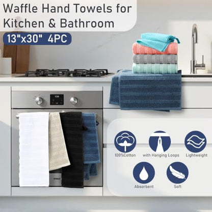 VOOVA & MOVAS Bathroom Hand Towels 4PC,13"x30", 100% Cotton,Beige | Waffle Weave Fabric, Soft Lightweight & Absorbing, Quick Dry & Non-fading, Unshrinkable - color: Beige