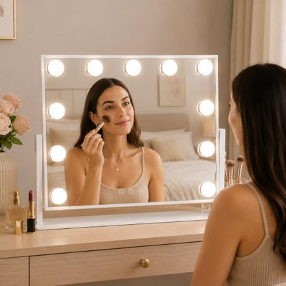 FENNIO Lighted Vanity Mirror, 15.6" x 12.7", 11 LED Bulbs, 360° Rotation | Horizontal 11-light vanity mirror with 360° rotation, wider viewing angle, and white desk-friendly design. - size: 17"L x 13"W