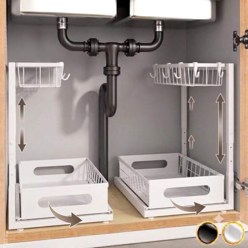 Height Adjustable 2-Tier Under Sink Organizer with 3 Hooks – Kitchen Sink Cabinet Storage Rack, Expandable Sink Caddy for Kitchen, Bathroom & Pantry (White) - color: White