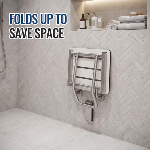 Leinuosen 18" x 15" Folding Shower Seat Bench ADA Compliant Wall Mount Phenolic White Foldable Shower Chair with Stainless Steel Support 400 Lbs Capacity for Inside Bathroom Bathtub Small Space