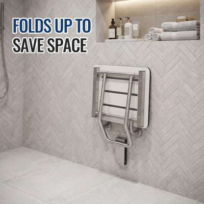 Leinuosen 18" x 15" Folding Shower Seat Bench ADA Compliant Wall Mount Phenolic White Foldable Shower Chair with Stainless Steel Support 400 Lbs Capacity for Inside Bathroom Bathtub Small Space