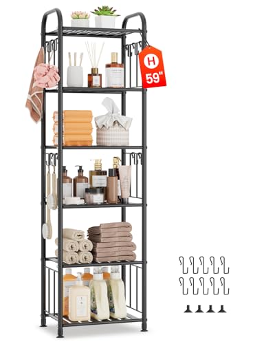 PouHenier.jh Tall Metal Narrow Skinny Shelf Unit for Bathroom, 6 Tier Black | Free Standing, Thin Shelving for Pantry or Kitchen, Slim Open Tower Rack, with 10 Hooks, Space Saving, No Tools Assembly