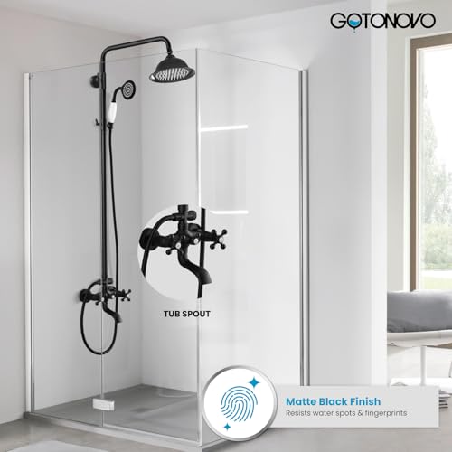 gotonovo Exposed Shower System with Spout,Matte Black,No Shower Shelf | Brass Shower Faucet Set,8’’ Rain Head with Handheld Spray,Swivel Tub Spout,2 Cross Handle,6’’ Hole Distance,Adjustable Height - color: Black