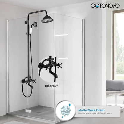 gotonovo Exposed Shower System with Spout,Matte Black,No Shower Shelf | Brass Shower Faucet Set,8’’ Rain Head with Handheld Spray,Swivel Tub Spout,2 Cross Handle,6’’ Hole Distance,Adjustable Height - color: Black