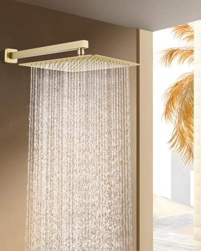 12 Inch Brushed Gold Rain Shower Head with Extension Arm, Rainfall Square Showerhead with 16 Inch Shower Arm All Stainless Steel, 144 Outlets Waterfall Full Body Coverage - color: Brushed Gold