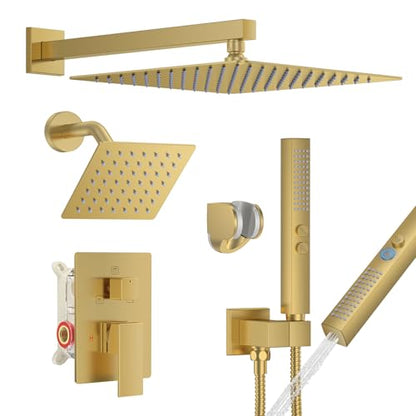 Rain Shower System 12" & 6" Dual Shower Heads, Wall Mount Shower Faucet Set | Ideal for bathroom remodels and upgrades with 12" rain shower, 6" angled shower, handheld spray and complete valve kit. - color: Brushed Gold, size: Wall Mounted - 12"+6" Shower