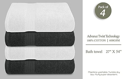 Luxury Bath Towels Set of 4 (27” x 54”) | Towels for Bathroom | Super Soft | Highly Absorbent Towels for Home, Spa, Gym (Grey-White) - color: Grey/White