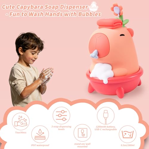 Cute Soap Dispenser - Pink Kids Automatic Foam Hand Soap Dispenser Touchless,Wall Mount Waterproof USB Rechargeable, 9.5oz for Bathroom, Office, Hotel, Hospital, Preschool Children - color: Pink Capybara