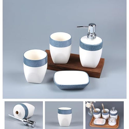 Bathroom Accessories Set of Ceramic soap Dispenser, 2 Toothbrush Cups, soap Dish, Exquisite Snowflake Glaze Technology Bathroom Accessories 4-Piece Set (Blue)