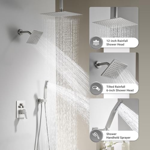 Dasan Brushed Nickel Dual Shower Heads System with Ceiling 12-Inch Rainfall Shower & Wall Mount 6-Inch High Pressure Shower Head, Full Body Dual Shower Head Set - color: Brushed Nickel