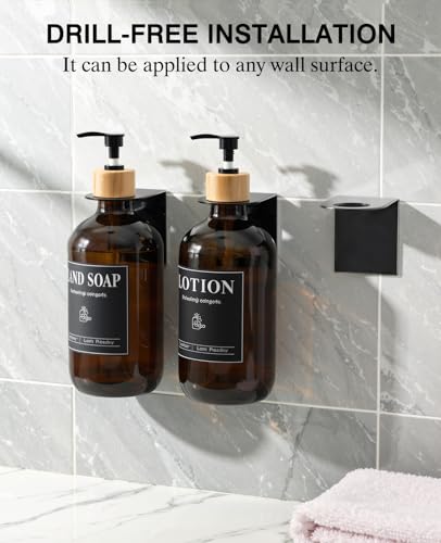Luxspire 17oz Shampoo and Conditioner Dispenser 3 Sets for Bathroom, Amber | Matte PET bottle, no-drill stainless bracket, detachable pump, dual wall/counter install with classification stickers - color: Amber Brown