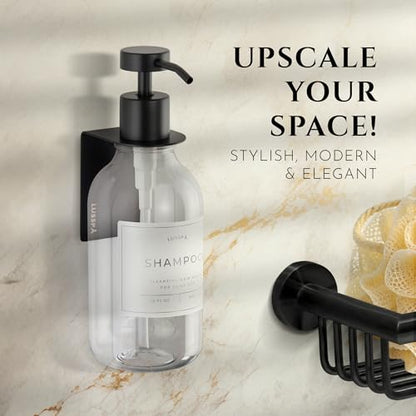 Shower Shampoo Dispenser Wall Mounted – Refillable 16.9 oz Clear Bottle with Stainless Steel Pump & No-Drill Adhesive Holder – Soap Dispenser for Bathroom (1 X Clear/Black) - color: 1 X Clear/Black