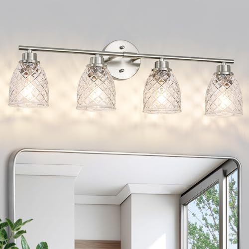4-Light Vanity Light Over Mirror, Brushed Nickel Bathroom Light Fixtures | Modern Farmhouse Wall Sconces with Hammered Glass Lampshade for Kitchen Hallway Bedroom Living Room Cabinet Porch-27.5IN - color: Brushed Nickel, size: 4-Light